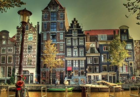 wonderful houses by the river in amsterdam hdr - boats, river, bikes, hdr, city