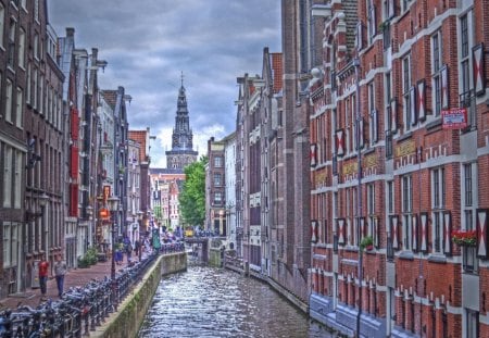 bicycle lined canal in amsterdam hdr - canal, city, hde, bicycles