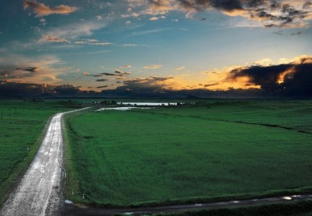 road to a lake at sunset in armenia - fields, lake, clouds, sunset, road