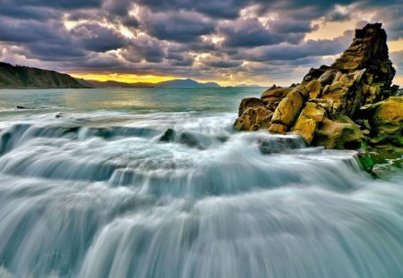 great seashore hdr - clouds, shore, hdr, sea, rocks