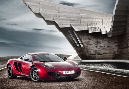 mclaren mp4 12c - red, structure, car, road