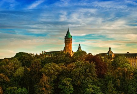 castle within a forest hdr - hill, clouds, tower, hdr, forest, castle