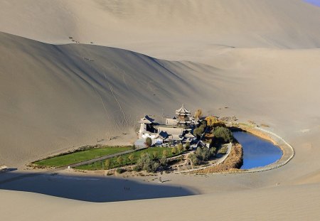 gobi desert oasis - oasis, desert, house, sand, pool, dunes