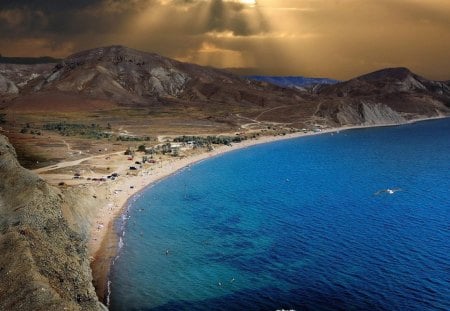 beautiful seacoast - sea, sun rays, coast, mountains