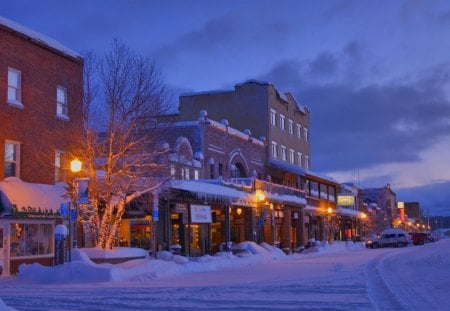 downtown truckee in winter at dawn - stores, dawn, winter, cars, lights