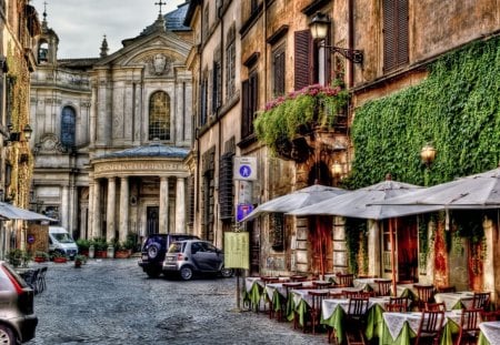 wonderful roman alley hdr - restaurant, alley, church, cars, hdr