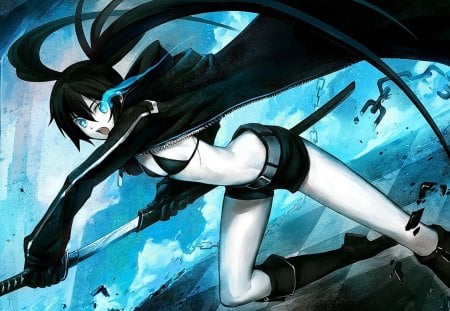 Black Rock Shooter - girl, blue flame, anime, other world, weapon, brs, black rock shooter