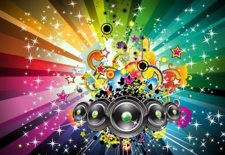 Music Explosion - rays, music, colour explosion, speakers, colours, stars