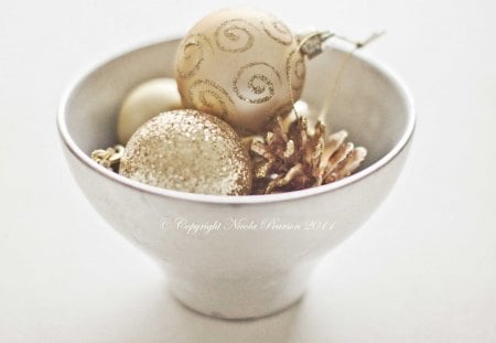 CHRISTMAS LIGHT - winter, forever, fire cone, balls, love, light, white, nature, season, bowl, bright, ornaments, merry christmas, golden