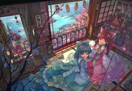 Festival - anime, female, blossom, room, dress, festival, children, long hair, japan, holiday, ribbon, dolls, anime girl, kid, sakura, cherry blossom, girl, sakura blossom, sweet, flower, petals, lantern, cute, japanese