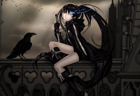 Black Rock Shooter - black rock shooter, black, anime, blue, blue flame, girl, weapon, brs