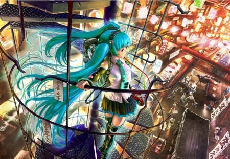 Hatsune Miku - music, vocaloid, anime, town, blue hair, girl, singer, hatsune miku