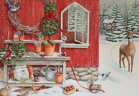 Winter Time - forest, winter, deer, snowing, rabbits, house, trees, basket birds, snow, cold