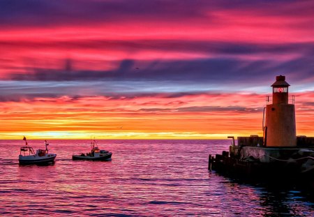 awesome colorful lighthouse seascape - sky, lighthouse, boats, colors, sea