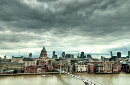 millennium bridge in london - river, clouds, city, bridge