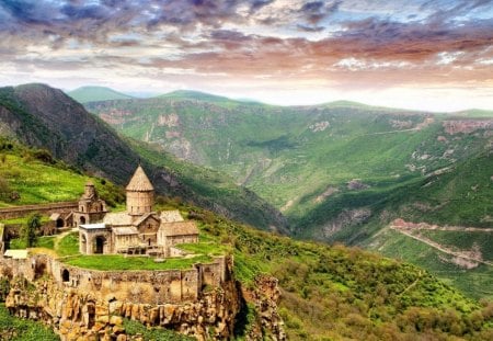 temple fortress in the mountains hdr - clouds, fortress, hdr, temple, mountains, wall