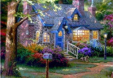 Holiday house - flowers, house, trees, holiday, holiday house, lights, colorful landscape