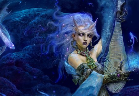 Blue Mermaid - fantasy, water, mermaid, magic, fish, horns