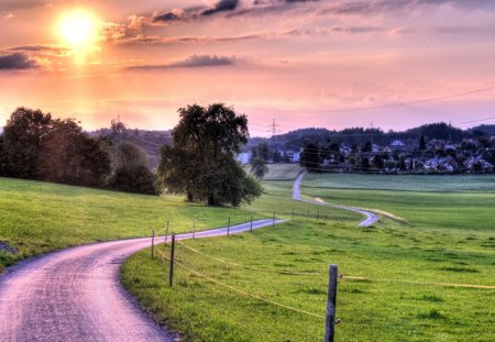 road to the town - fields, town, road, sun