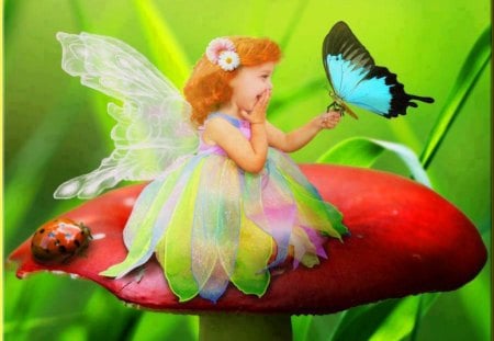 Little Angel - mushrooms, redhead, mushroom, angel, colorful, fantasy, children, fairies, angels, cute, kid, cartoon, child, red hair, butterfly, precious, sweet, fairy, red head