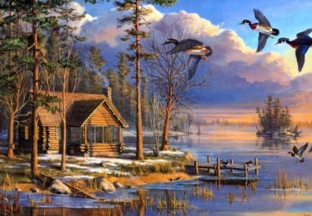 NATURE IS AWESOME - clouds, trees, water, cabin, lake, ducks, log cabin, pier