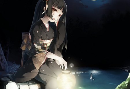 Black hair kimono - anime, anime girl, female, water, girl, kimono, night, light, yukata, dark, black, japan, japanese