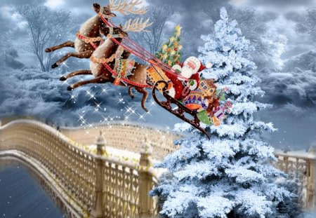 gift on the night - gift, trees, night, on, christmas, reindeer, the, sleigh, snow, artwork, central park, bridge