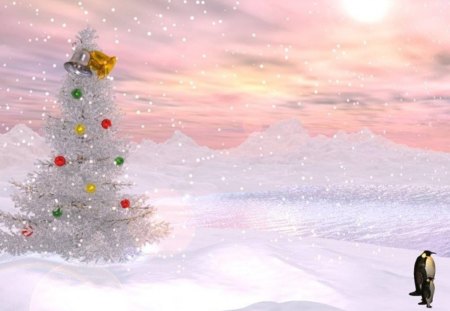 White Christmas - white christmas, yellow, penguins, ball, snow, bell, mountain, snow white scenery, christmas tree, red, green, ornaments, frost