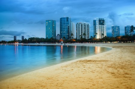 Waikiki After Sunset - clouds, water, honolulu, blue, beautiful, beaches, sea, waikiki, hawaii, architecture, nature, skyscrapers, sky