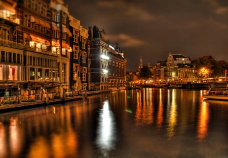 Night In Amsterdam - sky, night, water, buildings, netherlands, holland, beautiful, clouds, architecture, amsterdam, lights