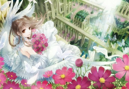 garden of hidamari - flower, wedding, cute, beautiful, wed, hot, anime girl, girl, wings, fantasy, wing, beauty, sweet, anime, bride, dress, petals, building, butterfly, sexy, female, house, angel