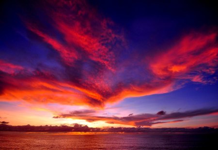 FLAMING CLOUDS - sky, evening, clouds, tropical, sunset, sea, fire