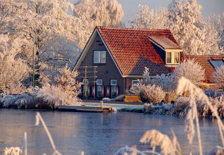 Winter lake - cabin, boat, snow, reflection, shore, frost, lake, nice, cottage, house, winter, beautiful, lovely, dock, pier, village, river, frozen, nature, cold, peaceful, bank