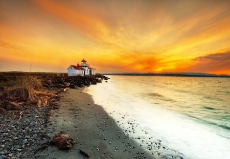 Sea sunset - nice, cottage, beach, sky, water, sunset, reflection, clouds, house, ocean, shore, lovely, waves, nature, beautiful, cabin, sea, sunrise