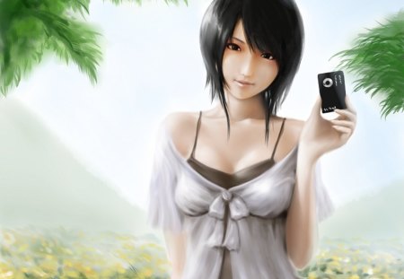 camera - anime, female, short hair, flowe, anime girl, realistic, camera, hot, girl, chinese, flower, cg, digital, black hair, cute, 3d, sexy