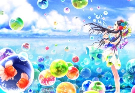 Bubbles - realistic, beauty, female, hot, water, anime girl, black hair, fantasy, petals, anime, cute, ocean, sexy, girl, long hair, bubble, cg, abstract, twin tails, 3d, beautiful, fish, animal, sweet, sea, gold fish, dress, flower