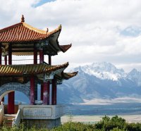 pagoda overlooking mountain range in china