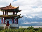 pagoda overlooking mountain range in china