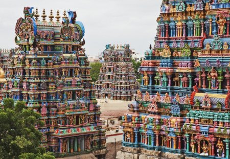 wonderful colorful temples in india - figures, colors, temples, tree