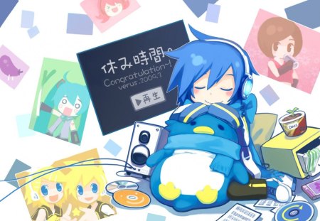 Kaito - hatsune miku, sleeping, kagamine rin, chibi, meiko, kaito, project diva, vocaloid, video games, kagamine len