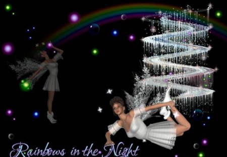 RAINBOW - fairies, rainbow, snowflakes, night, stars, females, sky