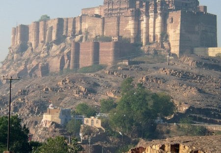 mighty mountain temple - village, mountain, trees, wall, temple