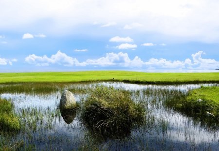 marshlands to the sea - clouds, marsh, sea, grass, rocks