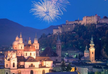 fireworks over salzburg austria - hill, lights, city, night, fireworks, fort