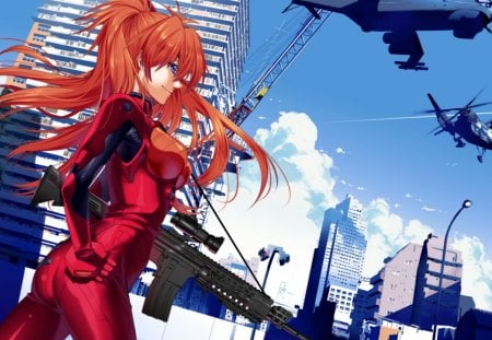 Anime - evangelion, anime, gun, red, asuka