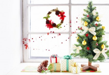 HOME for CHRISTMAS - bright window, forever, wreath, gifts, christmas tree, welcome, light, gold, white bows, nature, ribbons, red, winter, festive home, yellow, love, presents, green