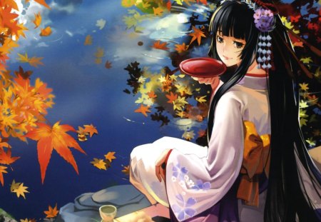 Sweet Tea - pretty, anime, geisha, female, food, dress, japan, anime girl, water, beautiful, girl, beauty, tea, kimono, sweet, yukata, traditional, cute, leaf, japanese, leave