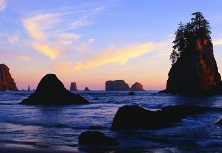 sea stacks at sunrise - rocks, stacks, beach, sea, sunrise