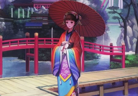 Geisha - beauty, nice, female, hot, water, bride, japanese, anime girl, pretty, japan, umbrella, anime, plant, house, kimono, tree, cute, scene, sexy, building, scenic, girl, beautiful, yukata, sweet