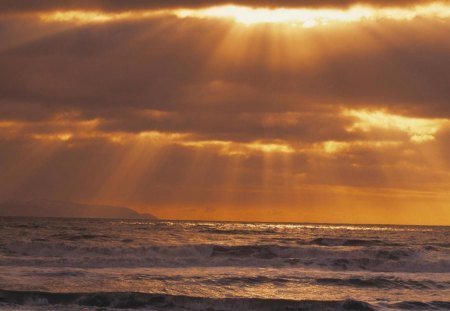 golden sun rays over the pacific - sky, clouds, sea, sun rays, gold, waves